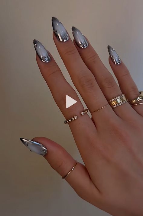 Silver Aura Nails, White And Chrome Nails, Chrome Aura Nails, Silver Aura, Multicolored Nails, Aura Nails, Hard Nails, Airbrush Nails, Nail Jewels