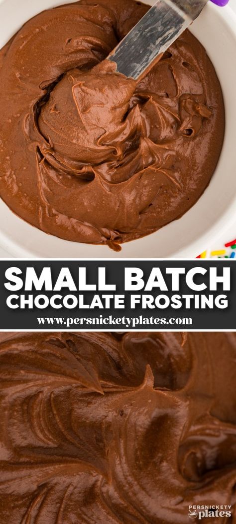 Small batch chocolate frosting with cocoa powder is great for when you need just enough frosting for a small snack cake, a batch of brownies, or half dozen cupcakes. This simple 5-minute frosting is velvety smooth with rich chocolate flavor and is perfect for spreading or piping on all kinds of desserts! | www.persnicketyplates.com Cocoa Powder Frosting, Small Batch Chocolate Frosting, Chocolate Frosting With Cocoa Powder, Chocolate Frosting For Cake, Easy Chocolate Frosting Recipe, Frosting For Brownies, Brownies Frosting, Chocolate Frosting Recipe Easy, Small Batch Recipes