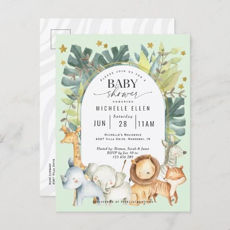 Mint baby boy shower Jungle safari animals Invitation Postcard Decoracion Baby Shower Safari, Safari Baby Girl, Yellow Baby Shower Invitations, Baby Boy Invitations, Safari Baby Animals, Animals Safari, Safari Baby Shower Invitations, Animal Baby Shower Invitations