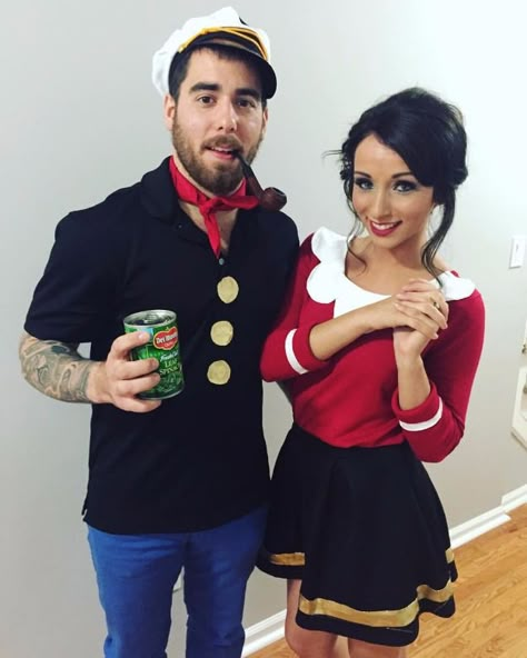 DIY Halloween Costumes for Couples - Popeye and Olive Oyl - Funny, Creative and Scary Ideas for Parties, College Party - Unique and Cute Project Idea for Disney Characters, Superhero, Movie Themes, Bonnie and Clyde, Homemade Costume Projects for Boyfriends - Quick Last Minutes Halloween Costume Ideas from Pinterest http://diyjoy.com/best-halloween-costumes-couples Olive Oyl Costume, Halloween Costume Ideas Diy, Popeye Costume, Unique Couples Costumes, Funny Crafts, Couples Costumes Creative, Meme Costume, Popeye And Olive, Halloween Parejas