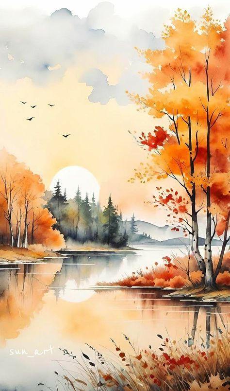 Simple Autumn Watercolor Paintings, Photos Of Landscapes Photography, Watercolor Autumn Painting, Landscape Art Watercolor, Fall Foliage Watercolor, Autumn Tree Watercolor, Autumn Watercolour Painting, Autumn Scenery Landscape, Fall Watercolor Ideas