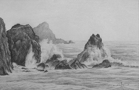 Seascape Drawing, Drawing Rocks, Ocean Drawing, Landscape Pencil Drawings, Sea Drawing, Drawing Pictures, Pencil Drawing Tutorials, Charcoal Drawings, Seascape Art