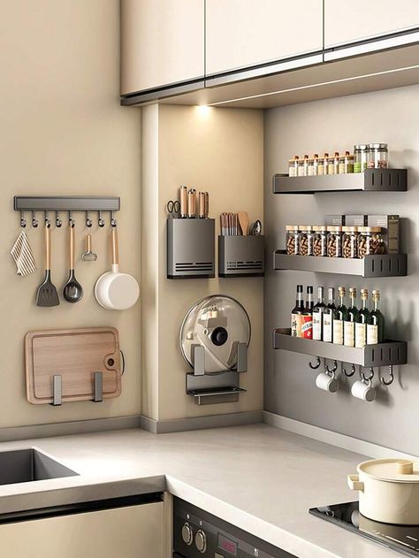 1pc Wall Mounted Aluminium Kitchen Storage Rack With Hooks For Lid, Knife, Chopstick, Seasoning Canister - Space Saving, No Drilling Required, Multi-Functional | SHEIN USA Kitchen Cutlery Storage, Organiser Cucina, Aluminium Kitchen, Kitchen Storage Hacks, Cutlery Storage, Organizing Hacks, Kitchen Storage Rack, Knife Holder, Storage Hacks