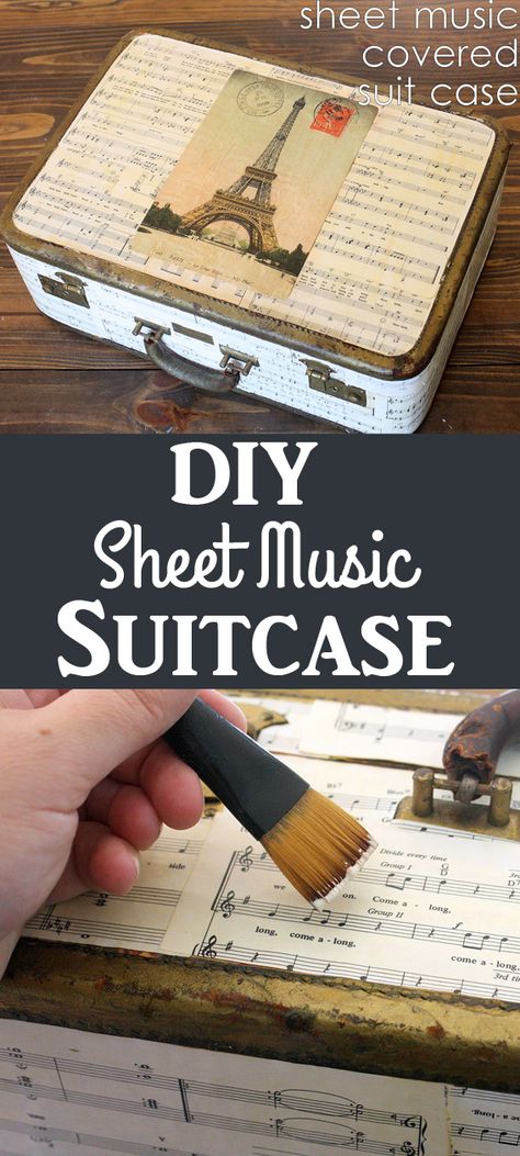 DIY Sheet Music Covered Suitcase Decoupage Suitcase, Dollar Tree Storage Bins, Suitcase Ideas, Sheet Music Printable, Suitcase Decor, Diy Coffee Station, Sheet Music Crafts, Diy Blanket Ladder, The Graphics Fairy