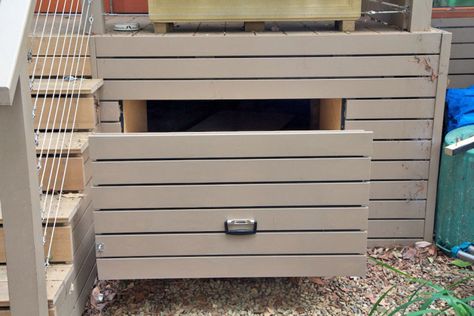 Under deck tool drawer! Underdeck Storage, Tiny Deck, Diy Cabins, Under Deck Storage, Deck Building Plans, Cabin Deck, Deck Skirting, Deck Restoration, Under Deck