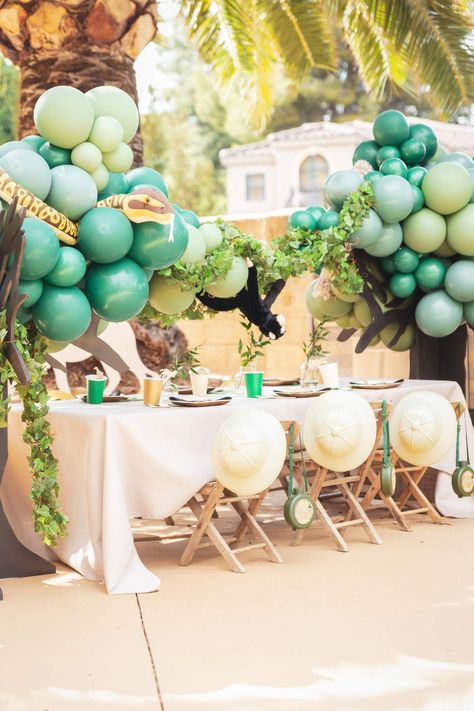 Adventure Birthday Party Ideas, Safari Picnic, Adventure Cake, Safari Party Favors, Adventure Birthday Party, Safari Balloon, Safari Invitations, Jungle Party Decorations, Dinosaur Birthday Party Decorations