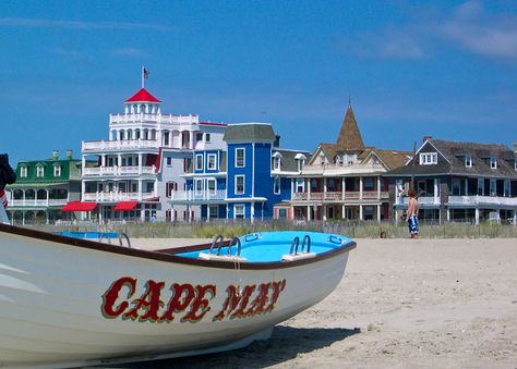 ... The beach at Cape May, NJ With a View of Victorian Homes on Beach Ave  This is cute but nothing compares to Atlantic City even in the 1960s when I went there with my parents. Then the casinos came and devoured what was left of the old Atlantic City and even the early 1980s fun is gone. But, time renews al and Atlantic City has all the time in the world to begin a new life as whatever is meant to be for the moment. Cape May Beach, Victorian Buildings, Seaside Resort, Cape May, Family Beach, Beach Getaways, Atlantic City, Jersey Shore, Grand Hotel