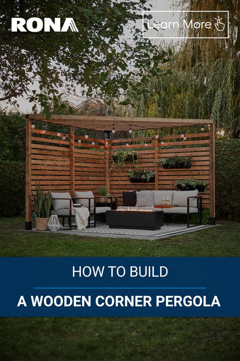 Triangle Pergola, Corner Garden Seating, Corner Gazebo, Corner Landscaping, Corner Pergola, Small Garden Landscape, Backyard Plan, Privacy Landscaping, Small Patio Garden