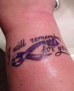 Tattoos for Alzheimer’s Awareness Alzheimers Tattoo Grandpa, I Will Remember For You Tattoo, Purple Ribbon Tattoos, Alzheimers Tattoo, Alzheimer's Awareness, Awareness Tattoo, Band Tattoos, Remembrance Tattoos, Ribbon Tattoos