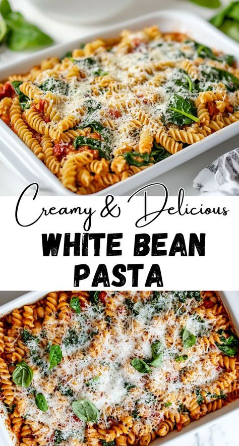 This Creamy White Bean Pasta Bake is your new go-to comfort food! Loaded with wholesome ingredients like white beans, spinach, and sundried tomatoes, this dish combines everything you love about pasta night with a nutritious twist. The best part? It’s a dump-and-bake recipe—no stovetop required! Just mix, bake, and enjoy a meal the whole family will devour. Gluten Free Dairy Free Pasta Bake, Bean Dinner Recipes Main Dishes, Bean Meals, Pasta With Beans, White Bean Pasta, Bean Pasta Recipes, Spinach Basil Pesto, White Bean Recipes, Dairy Free Pasta