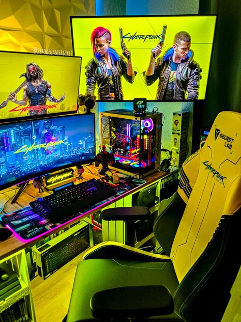 Gaming setup with cyberpunk theme . Gaming Setup Bedroom, Cyberpunk Room, Video Game Room Decor, Gaming Desk Setup, Best Gaming Setup, Computer Gaming Room, Pc Gaming Setup, Custom Computer, Video Game Room Design