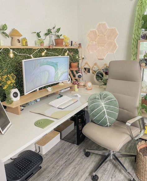 Gamer Office Decor, Cute Office Ideas For Work Business, Computer Set Up Ideas, Desk Set Up Artist, Studio Ghibli Office Decor, Office Desk Decor For Work Cubicle Cozy, Cottage Core Gamer Setup, Studio Ghibli Office Aesthetic, Pc Color Scheme