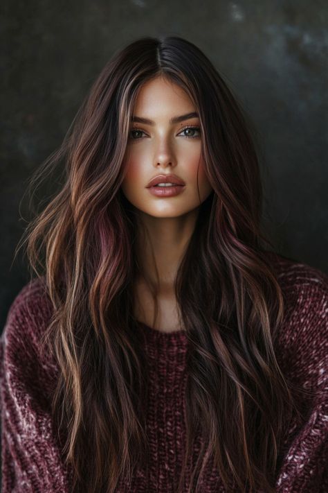 Burnett Hair Ideas, Dark Brown Hair Inspired, Color Block Brunette, Brunette Trends 2024, Fall Hair 2024 Brunette, Fall Hair Color Dark Brown, Chocolate Hair With Lowlights, Red Gloss Hair, Long Hair Fall 2024