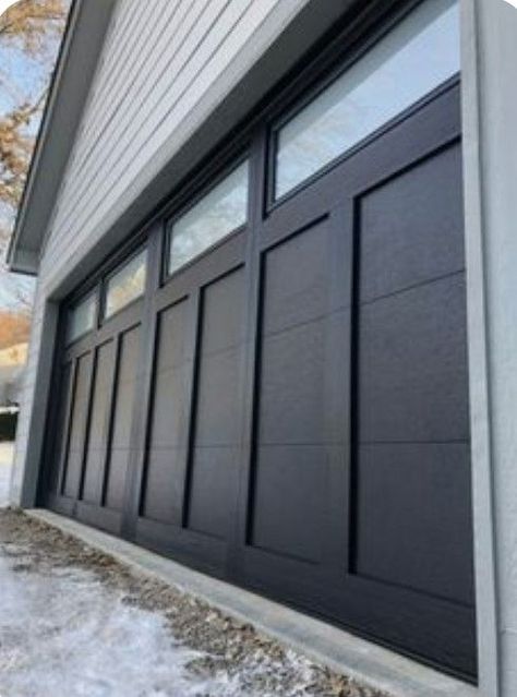 New Garage Doors Ideas, Modern Garage Doors Paint, Coastal Style Garage Doors, Pictures Of Garage Doors, Modern Farmhouse Garage Door Ideas, Black Garage Door Makeover, Garage Door Ranch Style Home, Double Garage Doors With Windows, Double Garage Doors Ideas