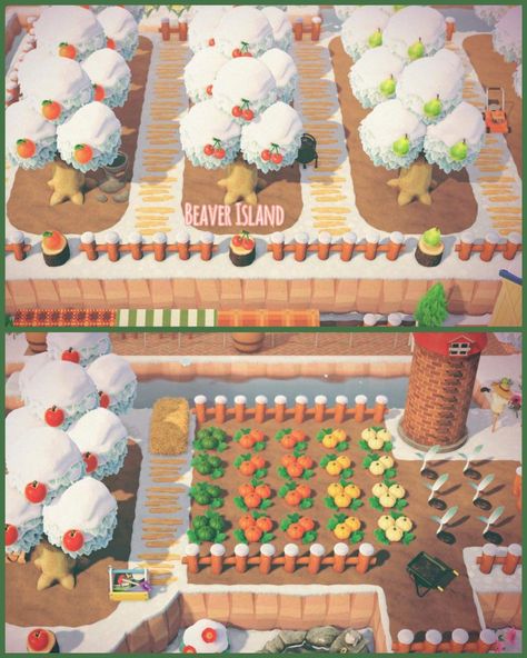 Acnh Farm And Orchard, Acnh Inspo Normcore, Acnh Orchard Path, Acnh Farm Area, Acnh Fruit Tree Layout, Acnh Orchard Layout Ideas, Animal Crossing Orchard, Acnh Orchard Ideas, Acnh Orchard