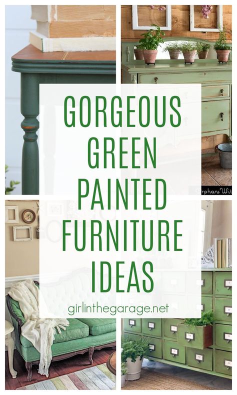 Learn how to paint an antique table green and see many more gorgeous green painted furniture ideas. By Girl in the Garage Sage Green Furniture, Green Bedroom Furniture, Painted Furniture Ideas, Green Painted Furniture, Painted Kitchen Tables, Green Spray Paint, Green Dresser, Country Chic Paint, Painted Bedroom Furniture