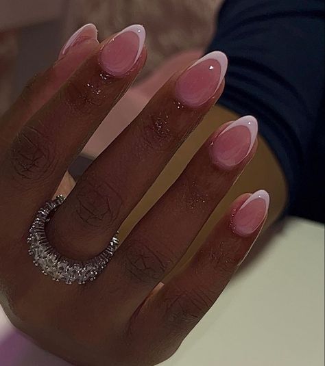 Rounded Almond Nails Short, Short Acrylic Nails Square Simple Spring, Short Almond Birthday Nails, Classic Almond Nails, Short Almond French Tip Nails, Sns Nail Ideas, Almond Nails Black Women, Natural French Tip Nails, Extra Short Almond Nails