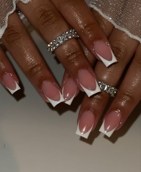 Aesthetic White Nails Acrylic, Nails For Bautizo, Square Acrylic Nails White French Tips, White Bday Nails Ideas, Cute White Nails French Tip, Nails Acrylic 10-11, Nail Ideas 12-13, Cute Nails For 14th Birthday, College Grad Nails Ideas