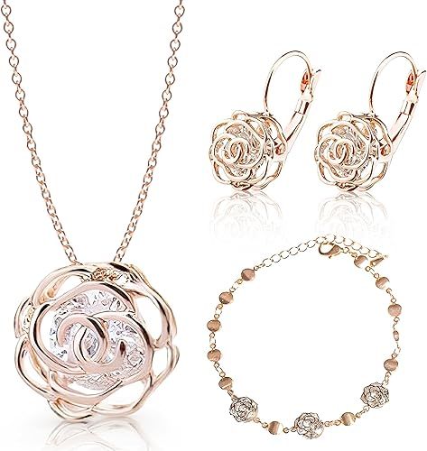 Necklace Earrings Bracelet for Women Wedding Party Bridal Bridesmaid Accessories Gold Wedding Jewelry Sets, Rose Gold Jewelry Set, Rose Gold Bridal Jewelry, Rose Gold Wedding Jewelry, Bridal Jewels, Luxurious Jewelry, Jewelry Set Design, Roses Flower, Gold Jewelry Sets