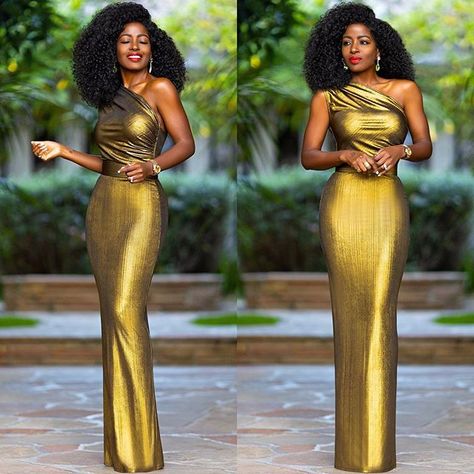 Folake Kuye Huntoon on Instagram: “Weekender in @shopfksp Gold One Shoulder Maxi. Link in bio for more fit details.” Yeezy Fashion, Dinner Gowns, Dinner Gown, Wedding Outfits For Women, Soft Dramatic, Style Pantry, Asoebi Styles, African Traditional Dresses, Classy Dress Outfits