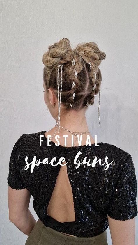 Space Buns With Accessories, Fun Space Bun Hairstyles, Space Buns Festival, Festival Space Buns, Festival Buns, Festival Hair Updo, Space Bun Hairstyles, Fake Braid, Poppy Hairstyles