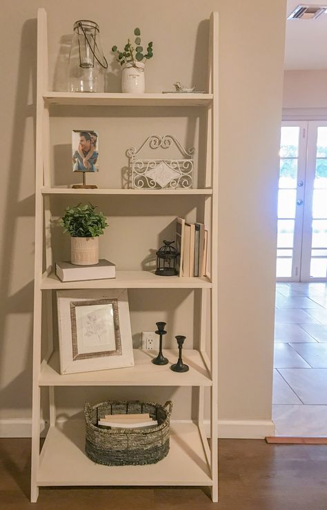 Lounge Ladder Shelf, Ladder Shelf Entryway, Shelf Ladder Decor Bedroom, Tall Ladder Shelves, 4 Tier Shelf Decor Living Room, Ladder Shelf Bedroom Bedside Tables, Ladder Shelf Makeover, Ladder Shelf Ikea, Shelf Ladder Bookcase