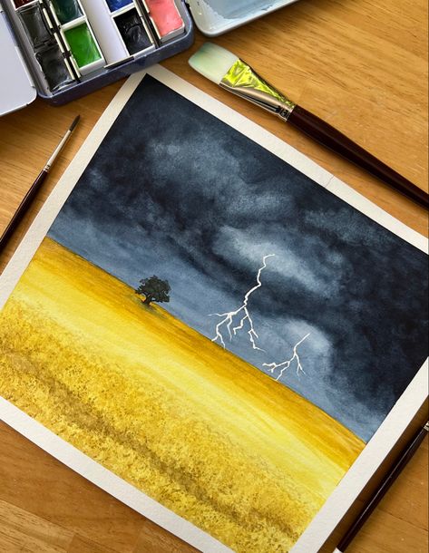 Watercolor lightening storm in a canola field painted by @jackies_art Storm Watercolor Painting, Canola Field Painting, Watercolor Storm Clouds, Thunderstorm Watercolor, Storm Watercolor, Tomato Drawing, Mom Calendar, Thunderstorm Clouds, Speed Draw