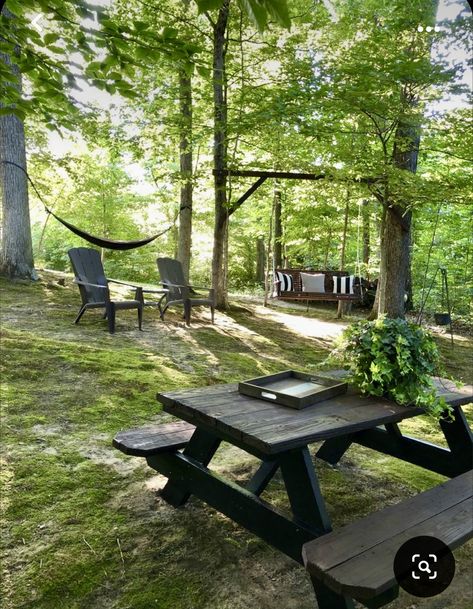 Outdoor Living Space In The Woods, Forest Yard Ideas, Woodsy Yard Ideas, Seating Area In Woods, Patio In Wooded Area, Backyard Woods Landscaping Yard Ideas, Rural Backyard Landscaping, Backyard Forest Ideas, Yard In The Woods