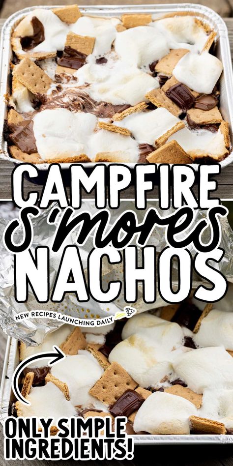 Whip up these delicious, gooey campfire s’mores nachos during your next camping trip for a fun twist on a classic. Grilled Nachos, Grilled Smores, Campfire Snacks, Campfire Smores, Campfire S'mores, Campfire Desserts, Campfire Food, Campfire Cooking, Melted Chocolate