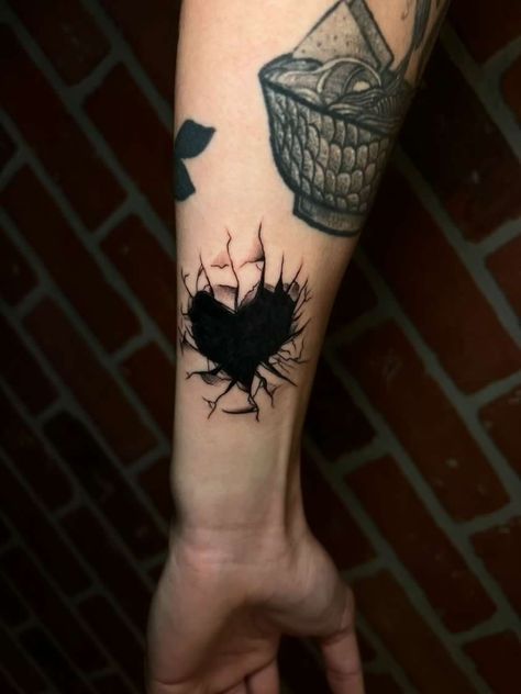 Small Black Cover Up Tattoo, Heart Coverup Tattoo, Dark Wrist Tattoo Cover Up, Heart Break Tattoos Men, Heart Tattoo Cover Up, Cover Up Tattoos Men, Cover Tattoo Ideas Black, Heart Cover Up Tattoo, Blacked Out Tattoo Cover Up