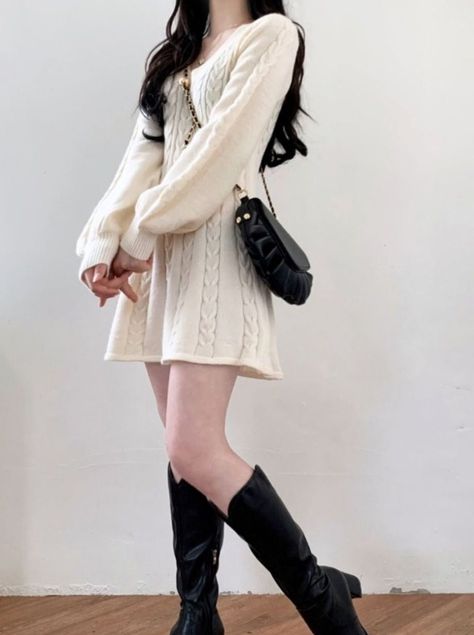 ❤︎Cable knit V-neck dress❤︎ V Model, Outfits Female, Sweater Mini Dress, Lantern Sleeve Dress, Mini Dresses For Women, Dresses 2024, Mini Sweater Dress, Knit Mini Dress, Lantern Sleeve