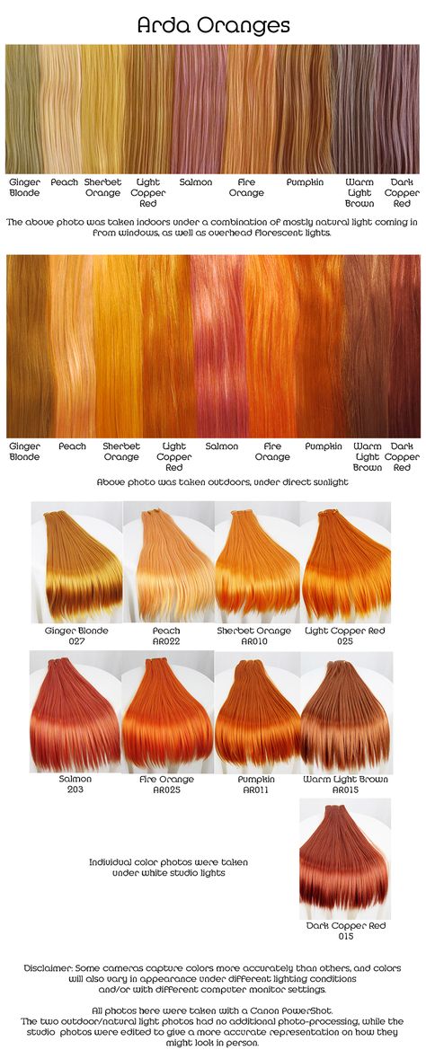 I like Ginger Blonde (for a character wig), Peach, Sherbet Orange, Salmon, and Fire Orange. Orange Brown Hair Color, Orange Brown Hair, Hair Color Names, Orange Hair Color, Orange Hair Dye, Cheveux Oranges, Hair Color Orange, Brown Hair Color, Hair Color Chart