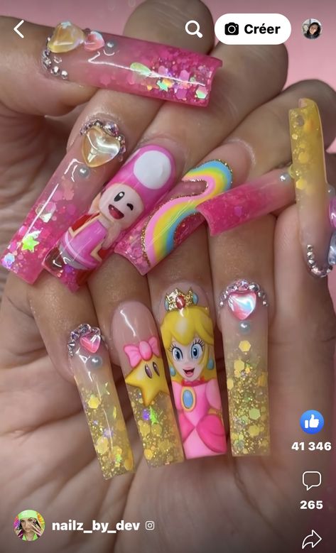 Disney Character Acrylic Nails, Princess Daisy Nails, Family Guy Nails, Cereal Nails, Dora Nails, Cartoon Character Nails, Mario Nails, Alternative Nails, Nerdy Nails