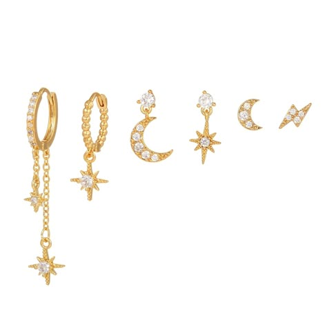 PRICES MAY VARY. 18K Celestial Asymmetry Set: Elevate your ear jewelry collection with this six-piece ensemble featuring stars, moons, and lightning bolt designs, all crafted in elegant 18K gold. Unique Asymmetrical Designs: Stand out with the on-trend asymmetrical styling, showcasing a fashion-forward look that captures the essence of celestial elegance. Stylish Cubic Zirconia Studs: Each earring is adorned with sparkling cubic zirconia studs, adding a touch of glamour and sophistication to you Piercing Kit, Moon And Star Earrings, Moon Studs, Hoop Earring Sets, Christmas Gift Jewelry, Moon Earrings, Delicate Earrings, Small Earrings, Dainty Earrings