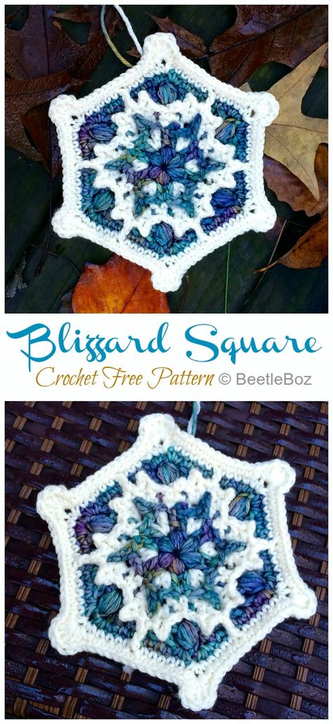 Blizzard Square Crochet Free Pattern - Crochet & Knitting Winter Granny Square Pattern, Snowflake Crochet Pattern Free Granny Squares, Granny Square Snowflake Pattern, Crochet Snowflake Granny Square Pattern, Holiday Granny Square Crochet, Snowflake Crochet Blanket, Snowflake Granny Square Pattern Free, Snowflake Granny Square Pattern, Crochet Blocks Free