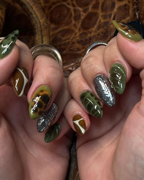 Mix and match fall set🍂🤎🐊 Mix Nails Designs, Dark Green And Brown Nails, Green And Brown Nail Designs, Green Brown Nails, Tinkerbell Nails, Mismatched Nails, Mix Match Nails, Brown Nails Design, Green Nail Designs