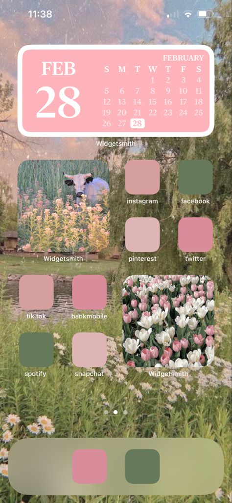 Flower Themed Homescreen, Themes For Phone Wallpaper, Cottage Core Iphone Layout, Custom Home Screen Iphone Ideas, Flower Ios Homescreen, Pink Iphone Aesthetic Home Screen, Cute Aesthetic Home Screen Layout, Spring Home Screen Iphone, Phone Themes Aesthetic Pink