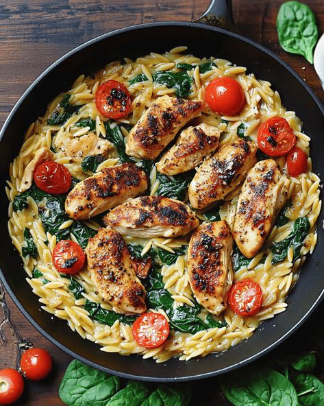 Chicken Orzo Skillet With Sun-dried Tomatoes, Orzo Al Limone With Chicken, Chicken Spinach Cherry Tomatoes, Creamy Ricotta Chicken And Orzo Skillet, Spinach Sundried Tomato Chicken, Sun Dried Tomato Basil Chicken, One Pot Orzo Recipes Healthy, Tuscan Chicken Orzo Pasta, One Pan Chicken And Orzo