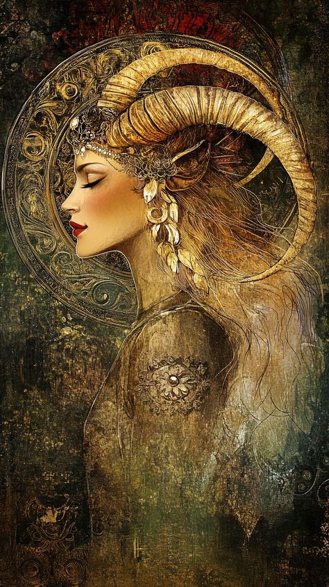 A captivating Capricorn woman portrayed in Csaba Markus's enchanting style, blending elegance and mystique with intricate details and lush colors, embodies the determined spirit of the zodiac. Capricorn Painting, Myth Painting, Capricorn Goddess, Capricorn Woman, Capricorn Art, Capricorn Girl, Capricorn Women, Pagan Art, Beautiful Dark Art