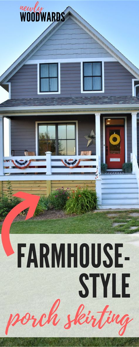 Add a farmhouse style porch skirting for a finishing touch Front Porch Skirting Ideas, House Skirting Ideas Exterior, Porch Underpinning, Porch Skirting Ideas, Farmhouse Porch Railing, Porch Skirting, Modern Farmhouse Front Porch, Cottage Deck, Skirting Ideas