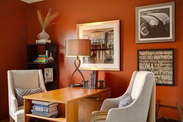 ...home office Modern Traditional Home Office, Burnt Orange Office, Burnt Orange Walls, Home Office Traditional, Office Wall Colors, Orange Office, Office Space Decor, Traditional Home Office, Contemporary Home Office