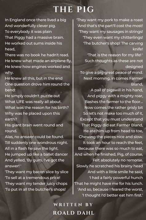 The Pig - The Pig Poem by Roald Dahl Lipstick On A Pig Poem, Roald Dahl Poems, Roald Dahl Quotes, Meaningful Poems, Diy Cleaning Solution, Inspirational Poems, Beautiful Poetry, Roald Dahl, Riddles