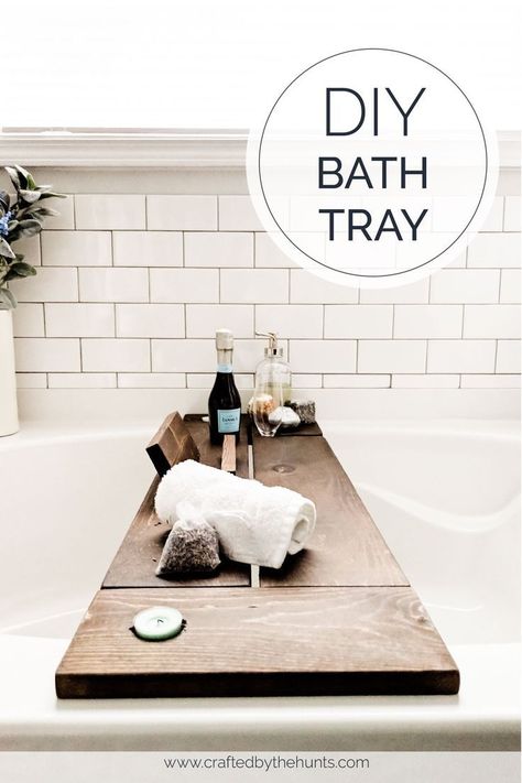 Learn how to make a DIY bath tray with this tutorial idea. A bath caddy is practical and is also great decor for all bathtubs! The built-in candle and wine glass holder scream luxury! It's a great gift for her: whether it be a Valentine's Day gift for your girlfriend or a Mother's Day gift for mom! Anyone who loves baths is sure to enjoy this beautiful wooden bath tray! #giftsforher #bathtub #bathtray #bathcaddy #diproject #projectideas #bathroomdecor Bath Tray Diy, Caddy Diy, Diy Bathtub, Bath Board, Bathtub Tray, Wooden Bath, Bath Tray, Bedrooms Decor, Tray Ideas