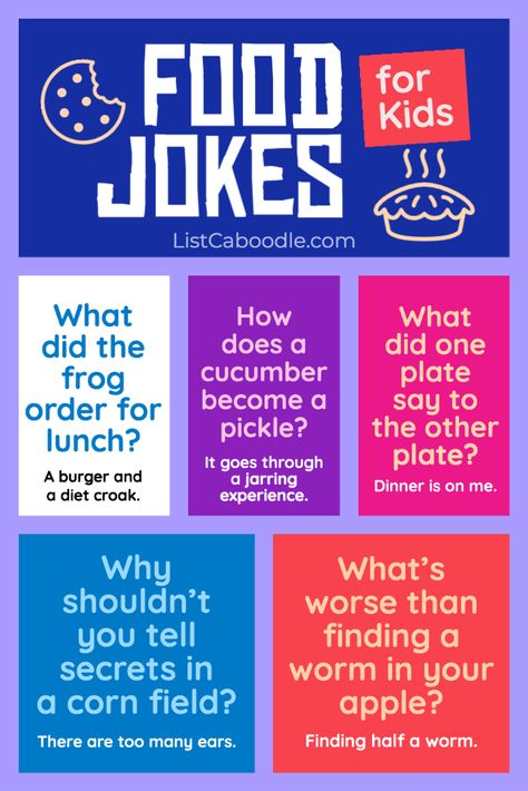 Kids of all ages will love these food jokes. The silly humor in these jokes will bring a laugh and a smile to your children’s faces. Tell them one and they’ll want to hear more! #JokesForKids #funnyjokes Food Jokes Humor Hilarious, Food Jokes For Kids, Food Jokes Humor, Corny Jokes For Kids, Funny Tongue Twisters, Kids Jokes And Riddles, Jokes For Kids Hilarious, Funny Food Jokes, Tongue Twisters For Kids