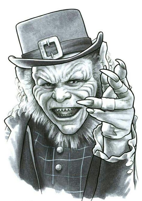 LEPRECHAUN Leprechaun Horror Art, Leprechaun Tattoos Horror, Horror Tattoo Drawings, Horror Film Tattoo, Scary Leprechaun, Leprechaun Drawing, Leprechaun Art, Evil Leprechaun, Leprechaun Movie