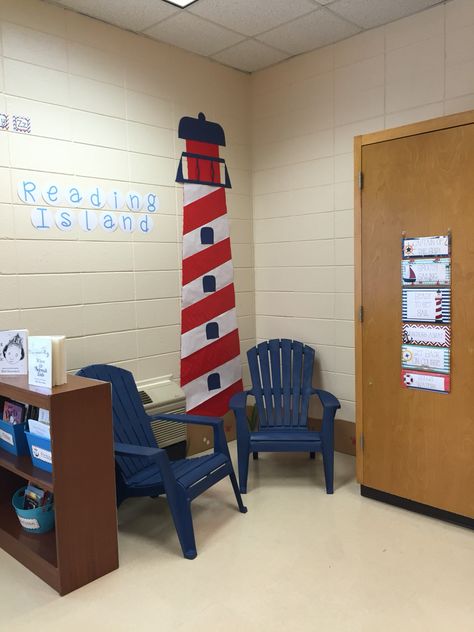 Nautical Classroom Reading Island   Lighthouse is made of bulletin board paper. I spray painted these chairs to match. I was surprised that the paint lasted all year! Nautical Library, Pirate Theme Classroom, Nautical Classroom Theme, Pirate Classroom, Beach Theme Classroom, Nautical Classroom, Sailing Theme, Ocean Classroom, Boat Theme