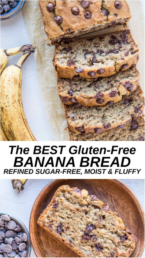 The BEST gluten-free banana bread recipe sweetened with coconut sugar. Add chocolate chips or chopped nuts to this moist and fluffy bread. Recipes With Bananas Gluten Free, Gf Chocolate Chip Banana Bread, Nut Free Banana Bread Recipe, Dairy Free Chocolate Chip Banana Bread, Paleo Chocolate Chip Banana Bread, Flowerless Banana Bread, The Best Gluten Free Banana Bread, Gluten Free Banana Bread Chocolate Chips, Gluten Free Moist Banana Bread