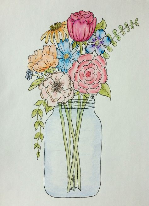 Flower illustration I drew using pen and colored pencil Small Colour Pencil Drawings, Flower Bouquet Drawing Color Pencil, A Vase Of Flowers Drawing, Flowers Drawing In A Vase, Colored Pencil Floral Art, Pen Flowers Drawing, Aesthetic Flower Bouquet Drawing, Drawing Of Flower Bouquet, Watercolor Pen Flowers