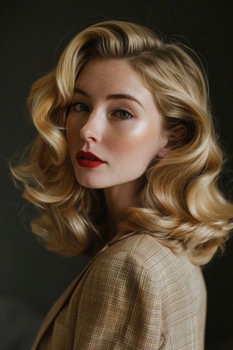 Vintage Blonde Hairstyles, Wedding Blonde Hairstyles, Old Hollywood Hair Shoulder Length, Bridal Waves Short Hair, Short Blonde Bridal Hair, Great Gatsby Hairstyle, Hollywood Glam Short Hair, Hollywood Curls Short Hair, Light Waves Hair