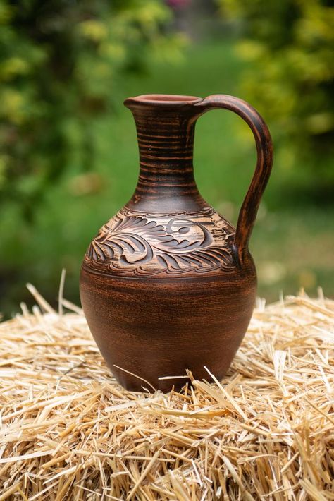 Handmade Jug Of Clay Vessel Jugs For Wine Water Juice Milk | Etsy Vessel Pottery, Arabic Interior, Unglazed Pottery, Clay Pitcher, Clay Jug, Clay Vessels, Water Jar, Wine Jug, Leaf Vase